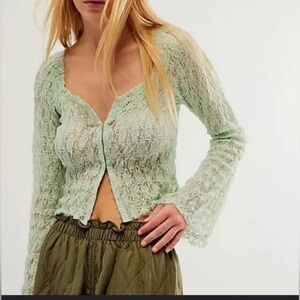 NWOT Free People SMALL One Madison Top Smocked Lace Sheer Hook-Front Bell Sleeve